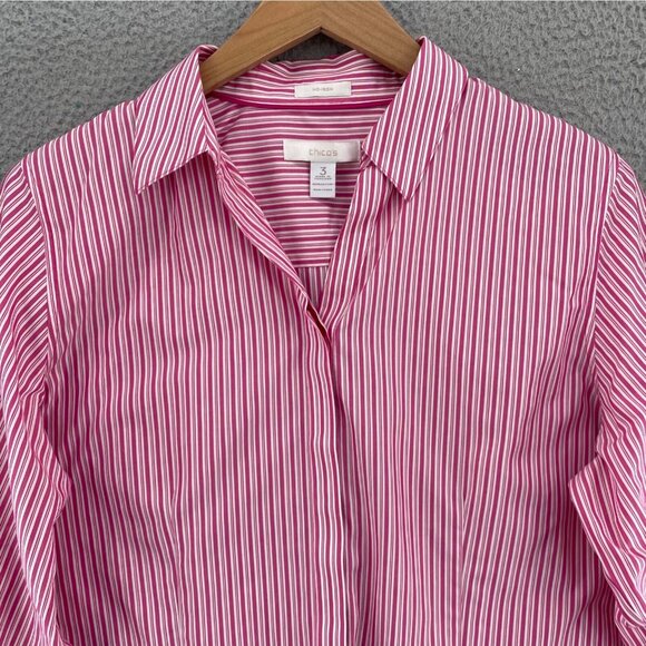 Chicos Shirt Womens 3 US Extra Large Pink Striped No Iron Button Up 3/4 Sleeves - Picture 2 of 9